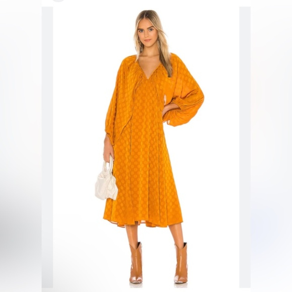 TULAROSA  Nola Plunge Neck Midi Dress In Copper Polka Dot Chiffon‎ Bohemian SZ M
